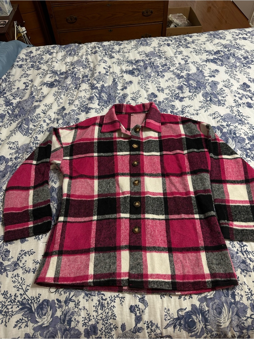 Pink Black and White Plaid Button-Up Fleece Shacket